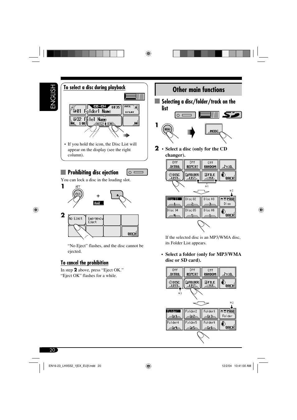 Other main functions, English, Prohibiting disc ejection | Selecting a disc/folder/track on the list 1 | JVC KD-LHX552 User Manual | Page 20 / 159