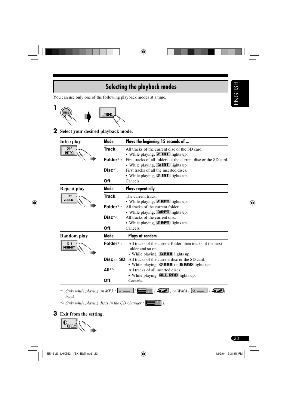 Selecting the playback modes, English | JVC KD-LHX552 User Manual | Page 23 / 159