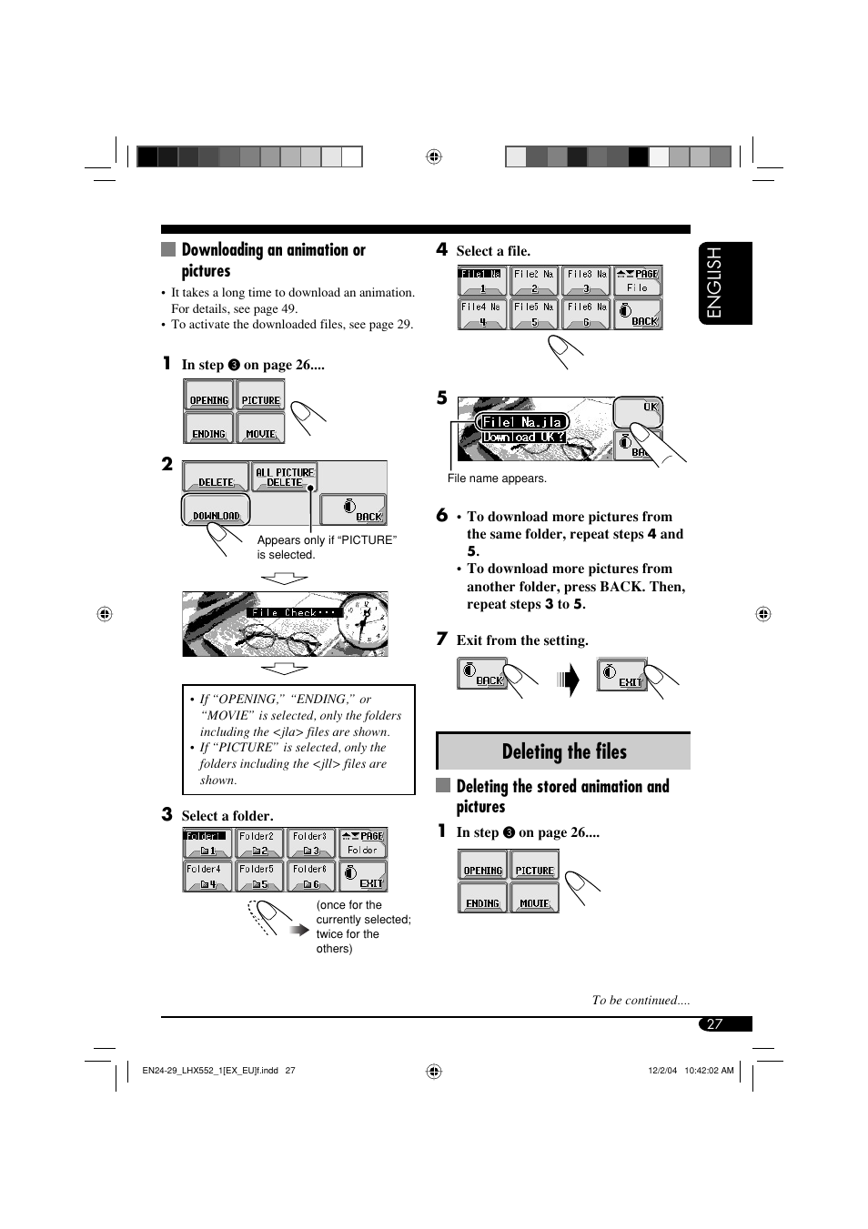 Deleting the fi les, English 4, Deleting the stored animation and pictures 1 | Downloading an animation or pictures | JVC KD-LHX552 User Manual | Page 27 / 159