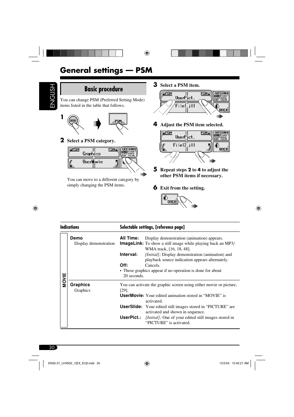 General settings — psm, Basic procedure, English | JVC KD-LHX552 User Manual | Page 30 / 159