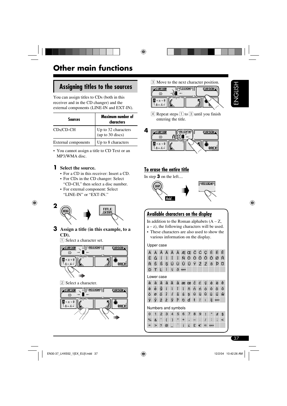 Other main functions, Assigning titles to the sources, English | JVC KD-LHX552 User Manual | Page 37 / 159