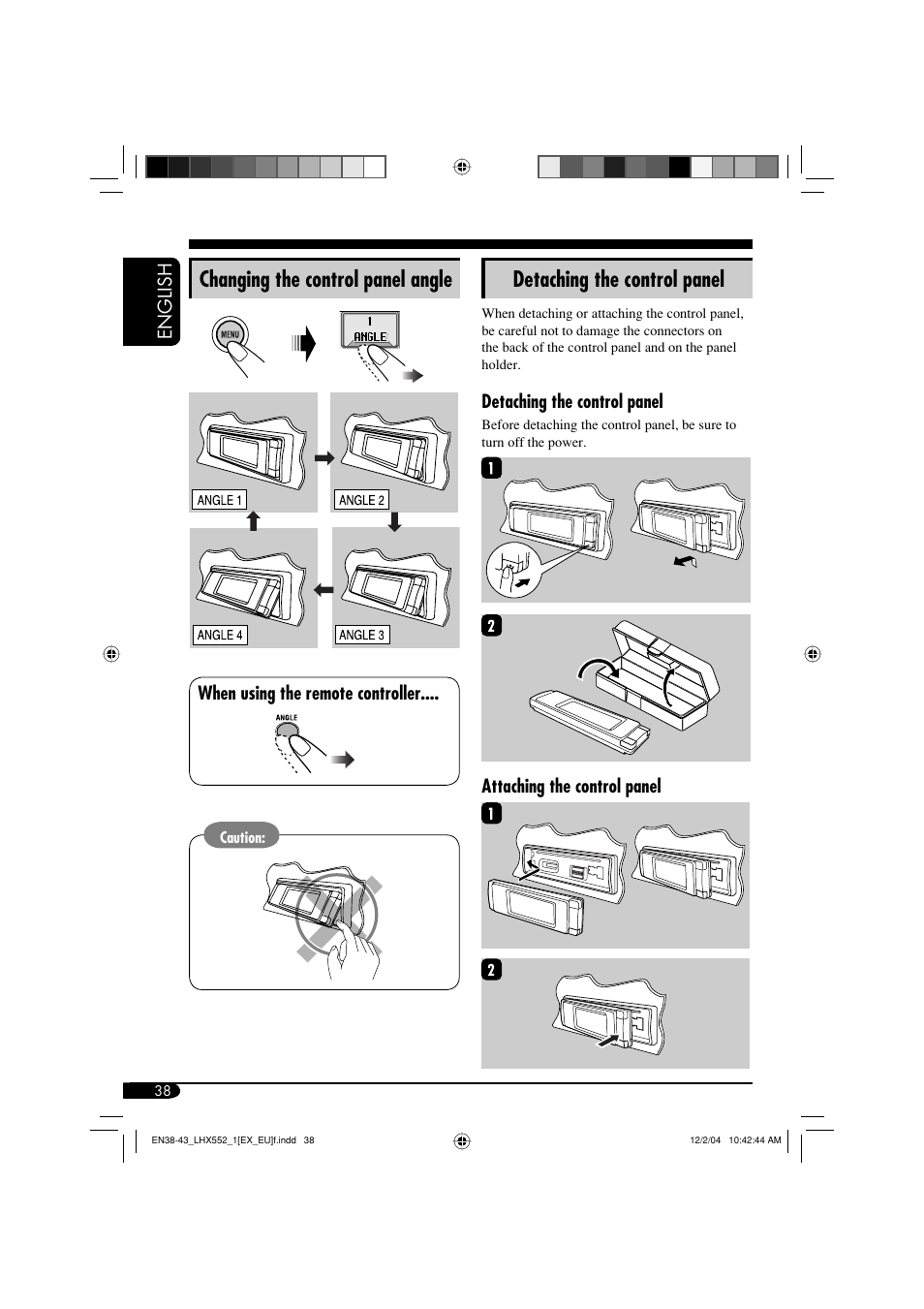 Changing the control panel angle, Detaching the control panel, English | When using the remote controller, Attaching the control panel | JVC KD-LHX552 User Manual | Page 38 / 159