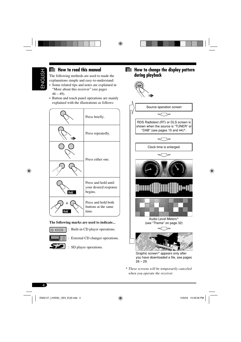 English how to read this manual, How to change the display pattern during playback | JVC KD-LHX552 User Manual | Page 4 / 159