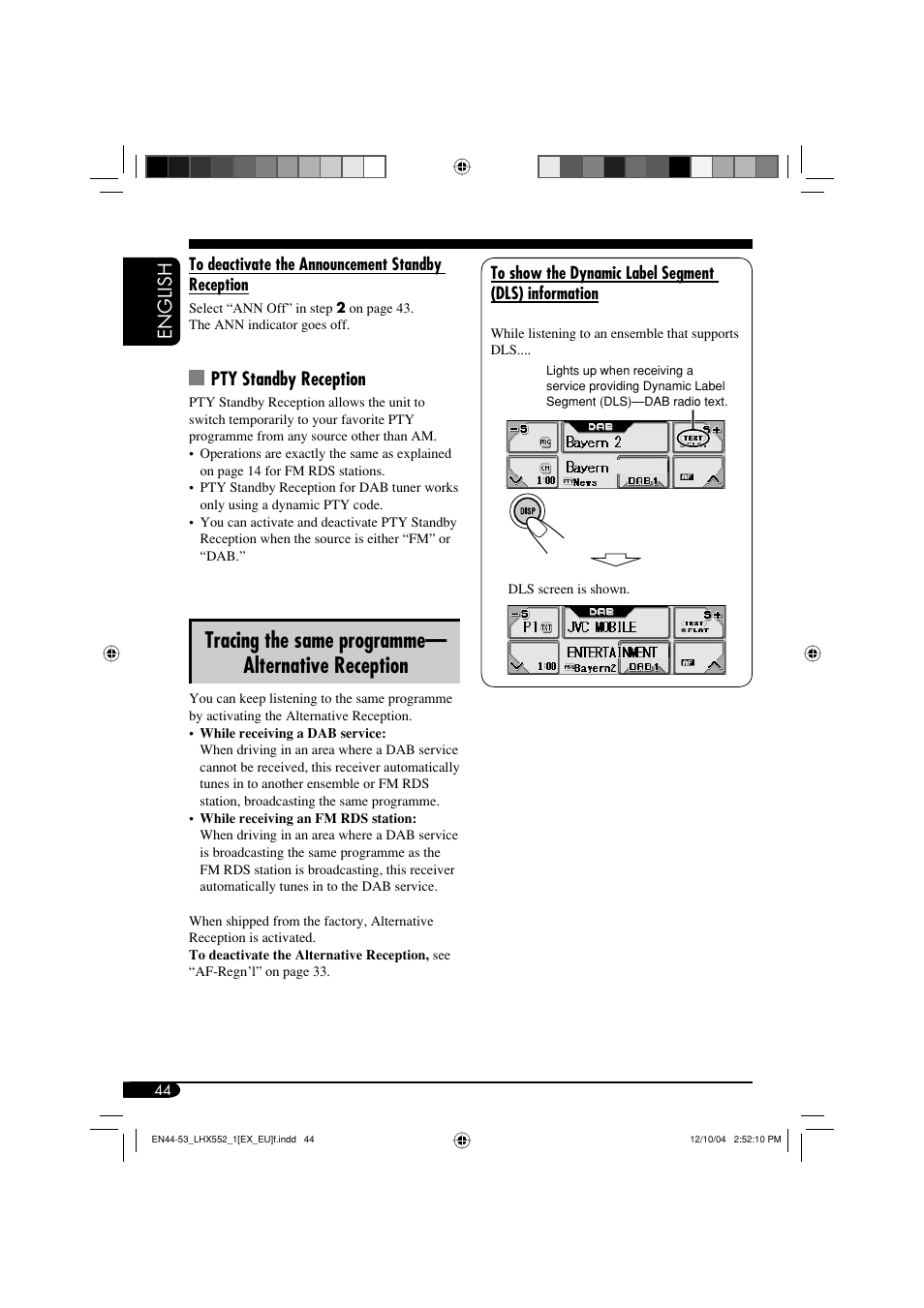 Tracing the same programme— alternative reception, English, Pty standby reception | JVC KD-LHX552 User Manual | Page 44 / 159