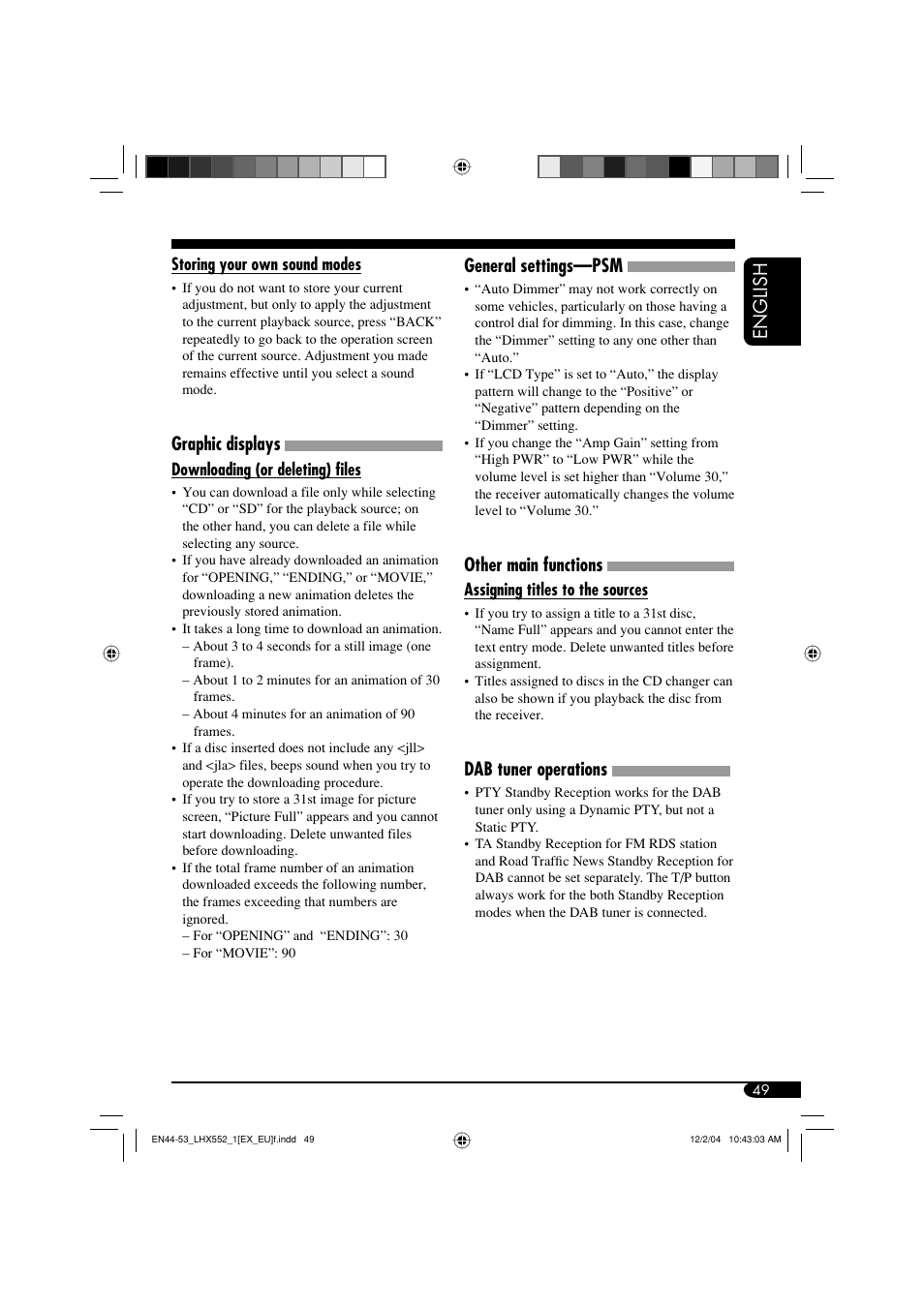 English, Graphic displays, General settings—psm | Other main functions, Dab tuner operations | JVC KD-LHX552 User Manual | Page 49 / 159