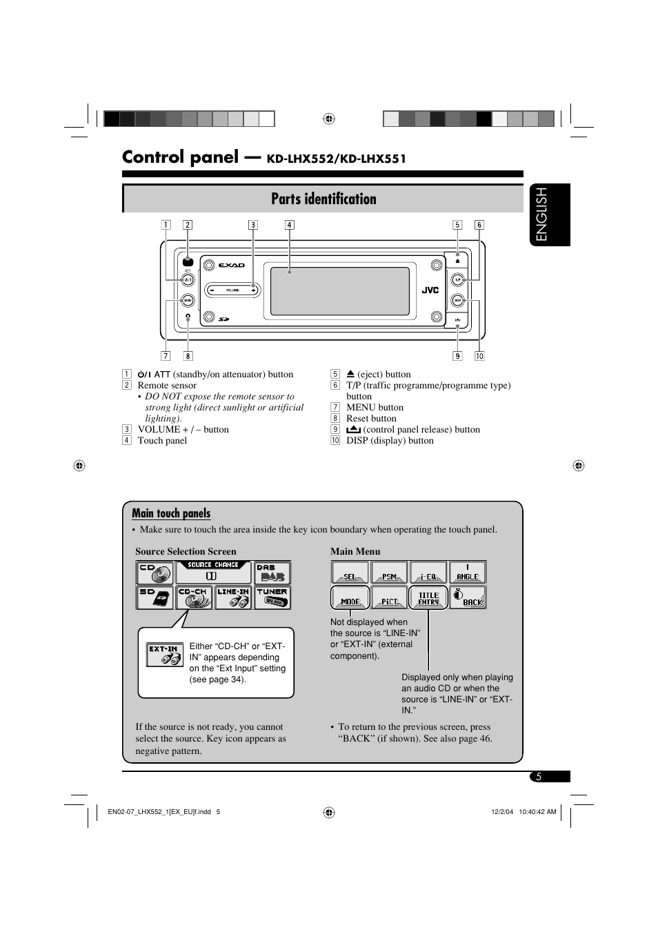Control panel, Parts identification, English | JVC KD-LHX552 User Manual | Page 5 / 159