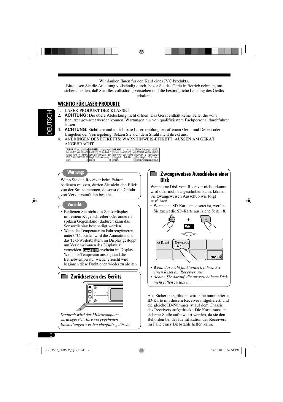 Deutsch, Zurücksetzen des geräts, Zwangsweises ausschieben einer disk | JVC KD-LHX552 User Manual | Page 54 / 159