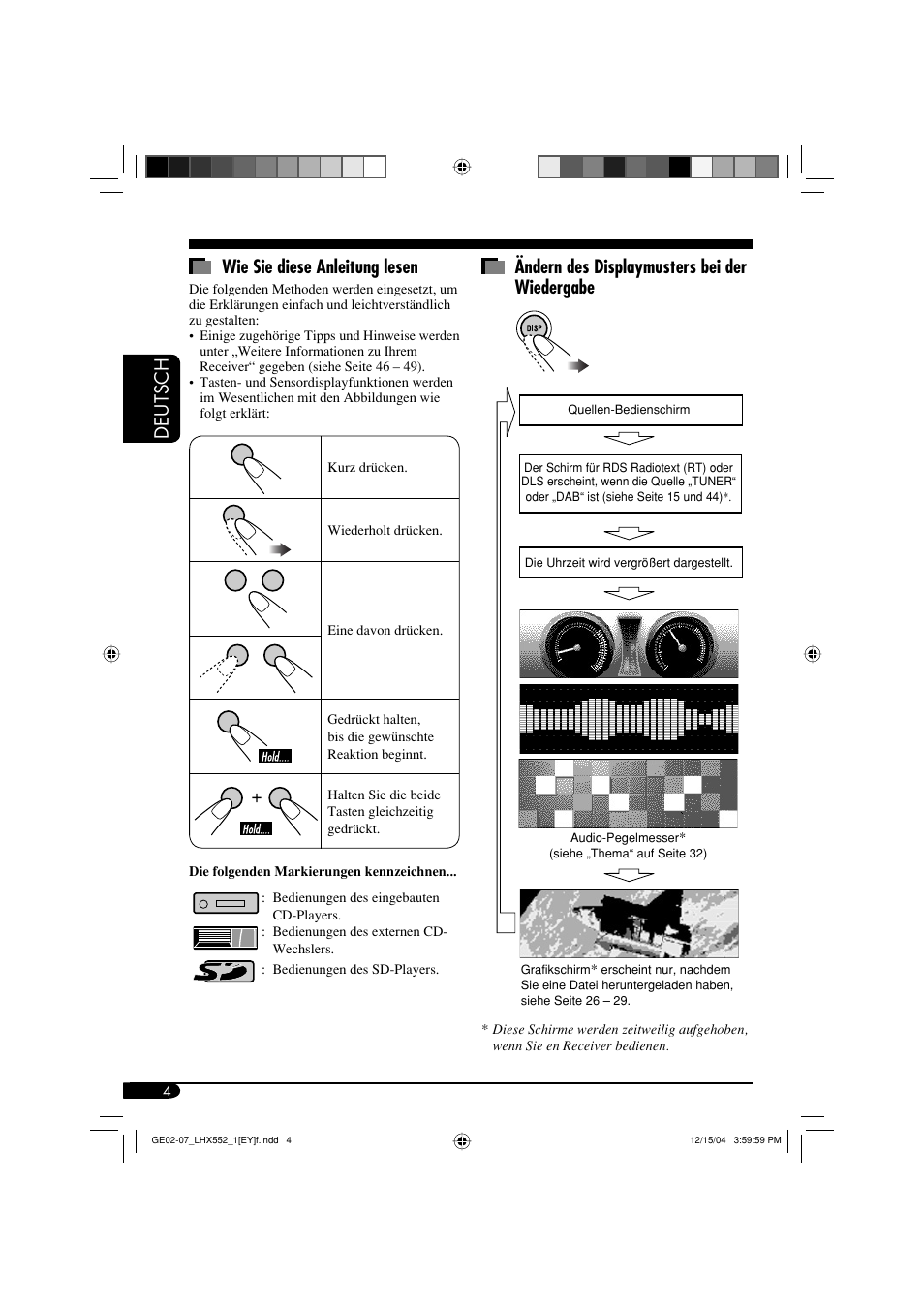 Deutsch wie sie diese anleitung lesen, Ändern des displaymusters bei der wiedergabe | JVC KD-LHX552 User Manual | Page 56 / 159