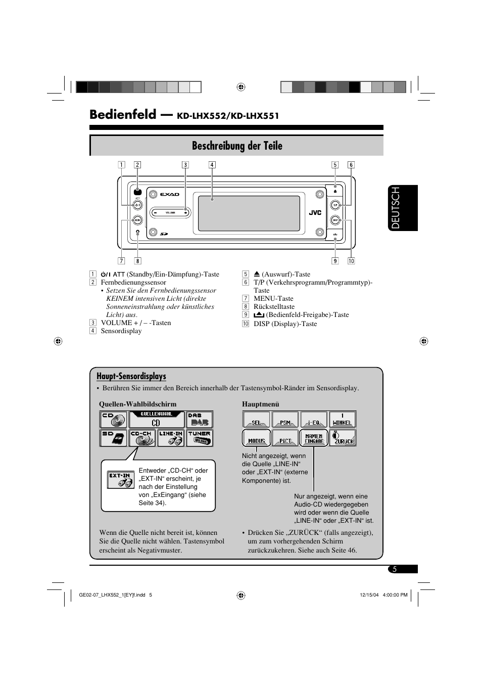 Bedienfeld, Beschreibung der teile, Deutsch | JVC KD-LHX552 User Manual | Page 57 / 159