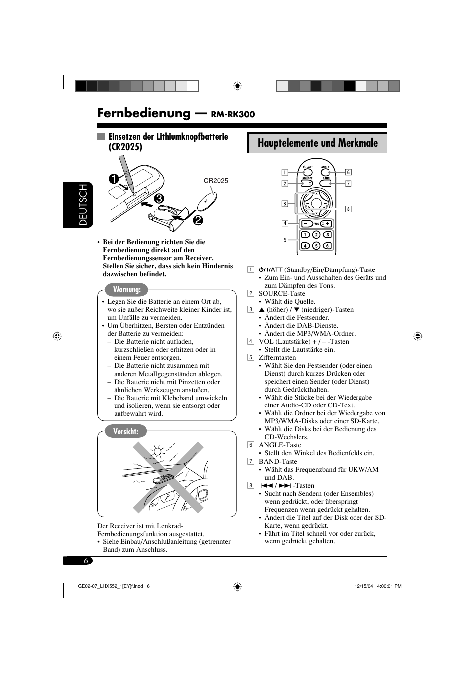 Fernbedienung, Hauptelemente und merkmale, Deutsch | Einsetzen der lithiumknopfbatterie (cr2025) | JVC KD-LHX552 User Manual | Page 58 / 159