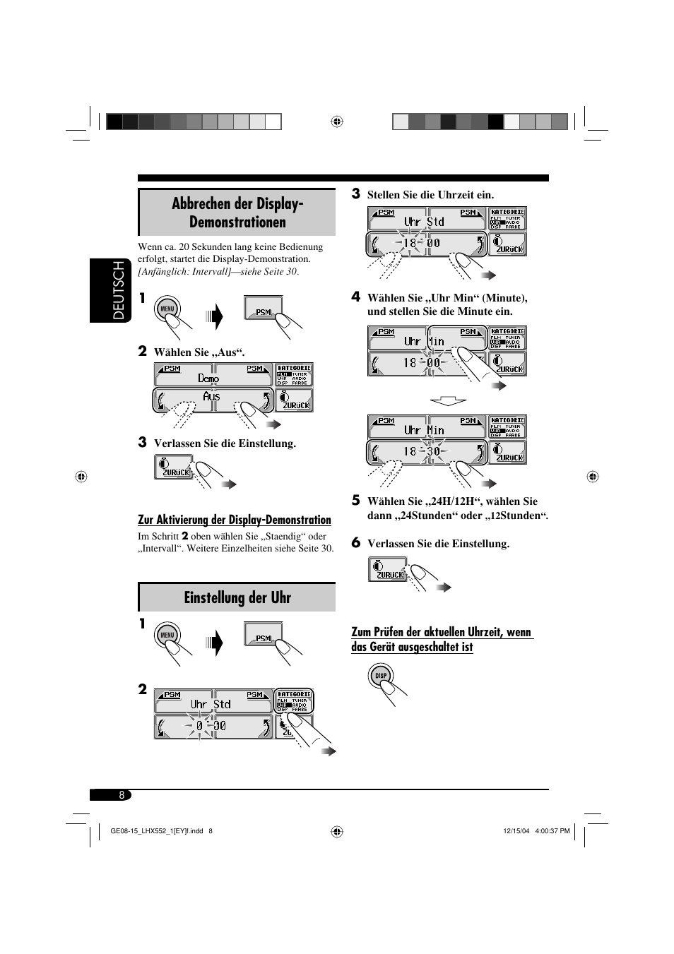 Abbrechen der display- demonstrationen, Einstellung der uhr | JVC KD-LHX552 User Manual | Page 60 / 159