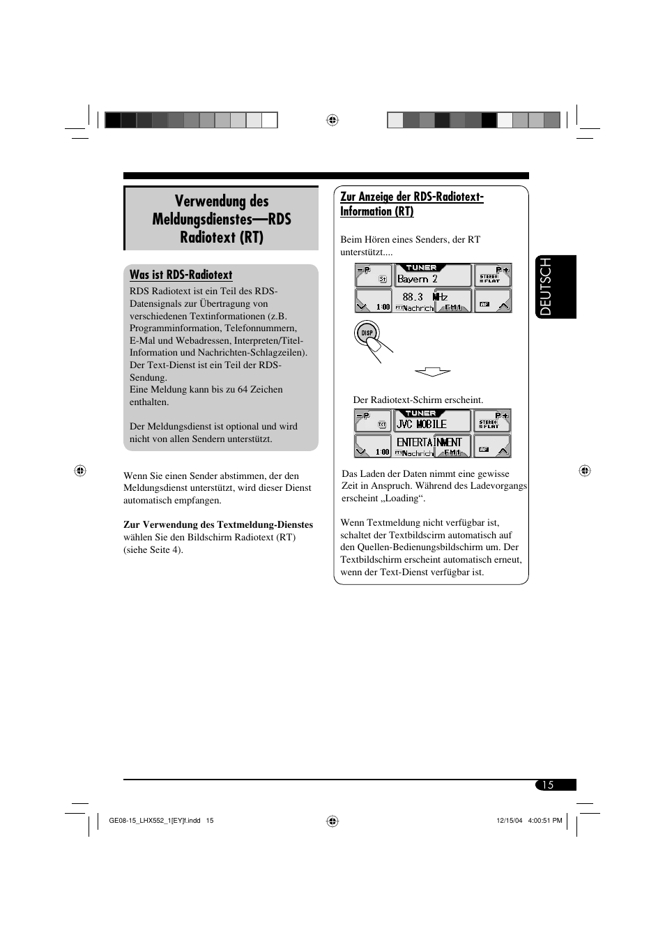 Verwendung des meldungsdienstes—rds radiotext (rt), Deutsch | JVC KD-LHX552 User Manual | Page 67 / 159