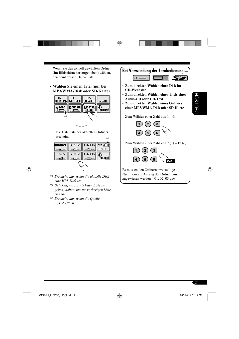 Deutsch, Bei verwendung der fernbedienung | JVC KD-LHX552 User Manual | Page 73 / 159