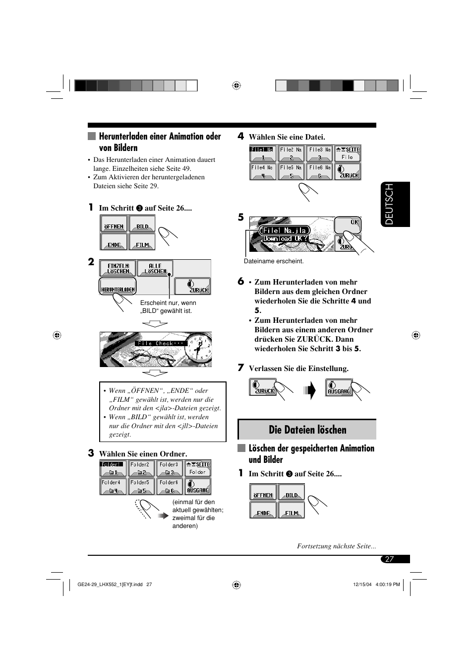 Die dateien löschen, Deutsch 4, Löschen der gespeicherten animation und bilder 1 | Herunterladen einer animation oder von bildern | JVC KD-LHX552 User Manual | Page 79 / 159