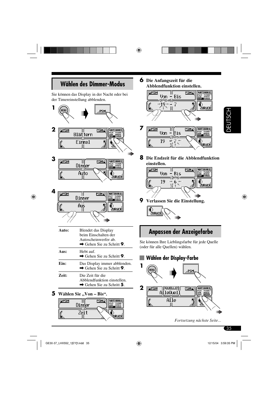 Anpassen der anzeigefarbe, Wählen des dimmer-modus | JVC KD-LHX552 User Manual | Page 87 / 159