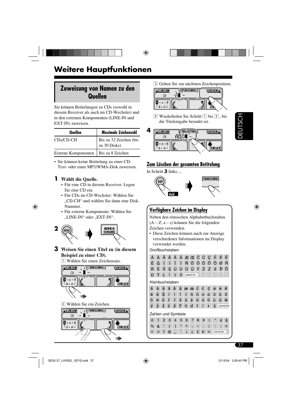 Weitere hauptfunktionen, Zuweisung von namen zu den quellen, Deutsch | JVC KD-LHX552 User Manual | Page 89 / 159