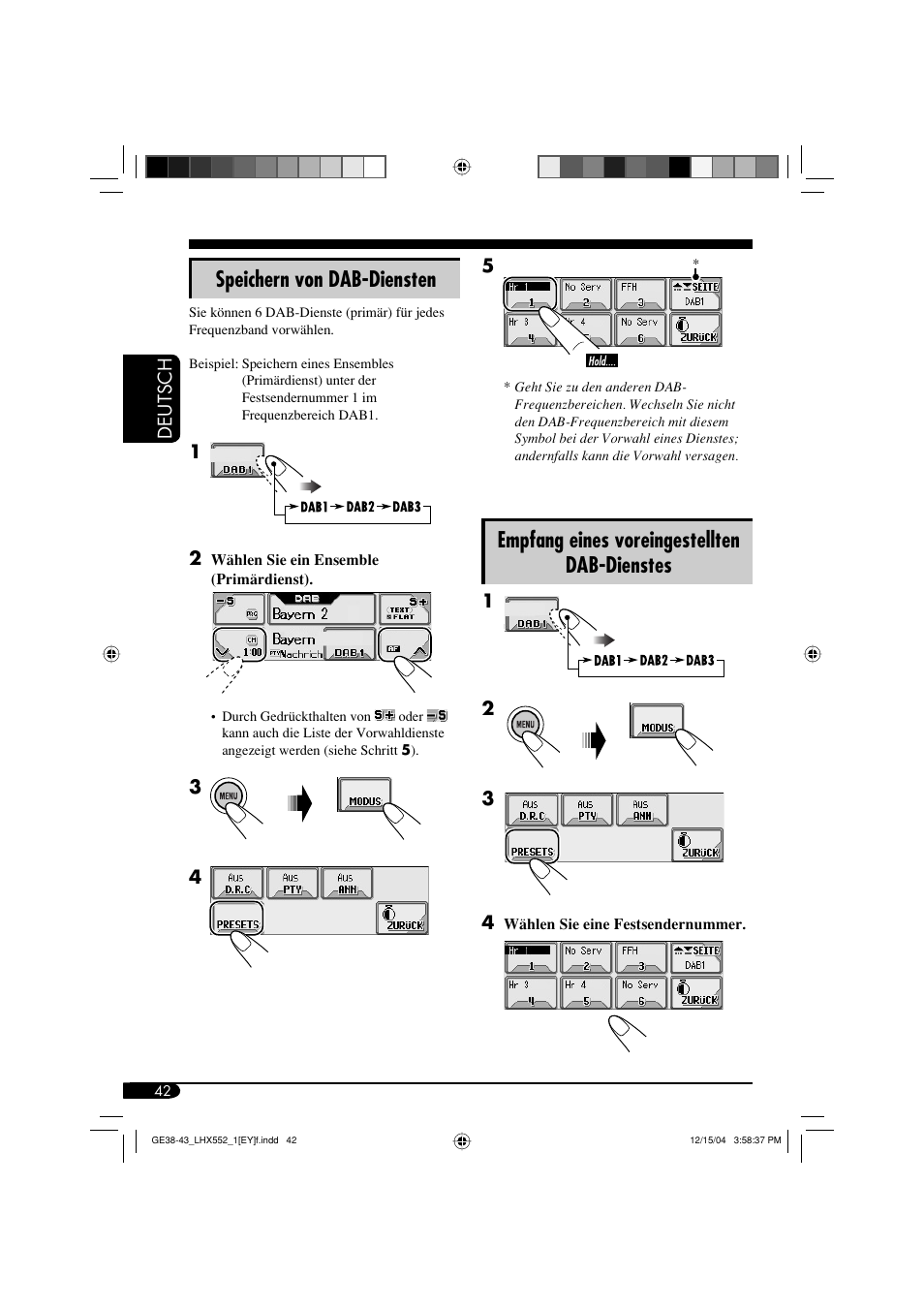 Empfang eines voreingestellten dab-dienstes, Speichern von dab-diensten | JVC KD-LHX552 User Manual | Page 94 / 159