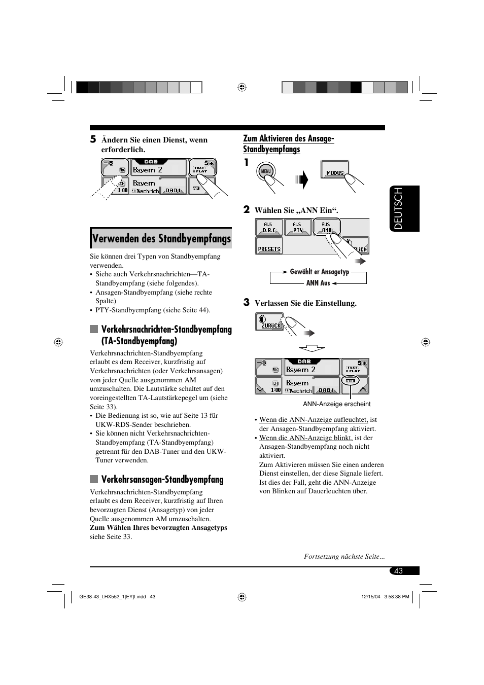 Verwenden des standbyempfangs, Deutsch 5, Verkehrsansagen-standbyempfang | JVC KD-LHX552 User Manual | Page 95 / 159