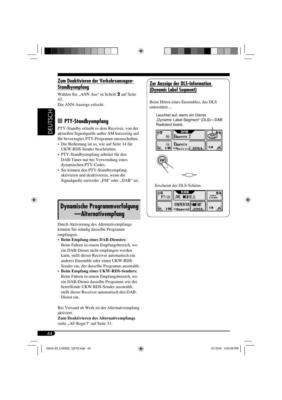 Dynamische programmverfolgung —alternativempfang, Deutsch, Pty-standbyempfang | JVC KD-LHX552 User Manual | Page 96 / 159