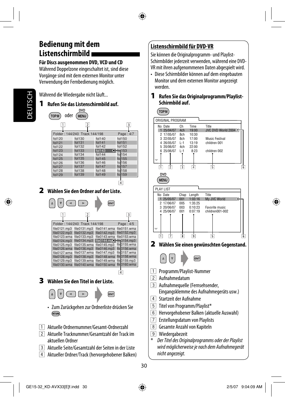 Bedienung mit dem listenschirmbild, Deutsch, Listenschirmbild für dvd-vr | Rufen sie das listenschirmbild auf, Wählen sie den ordner auf der liste, Oder | JVC KD-AVX33 User Manual | Page 102 / 285