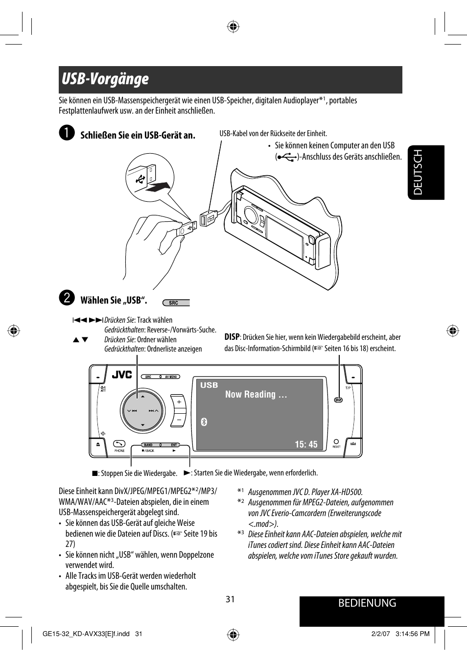 Usb-vorgänge, Bedienung, Deutsch | JVC KD-AVX33 User Manual | Page 103 / 285
