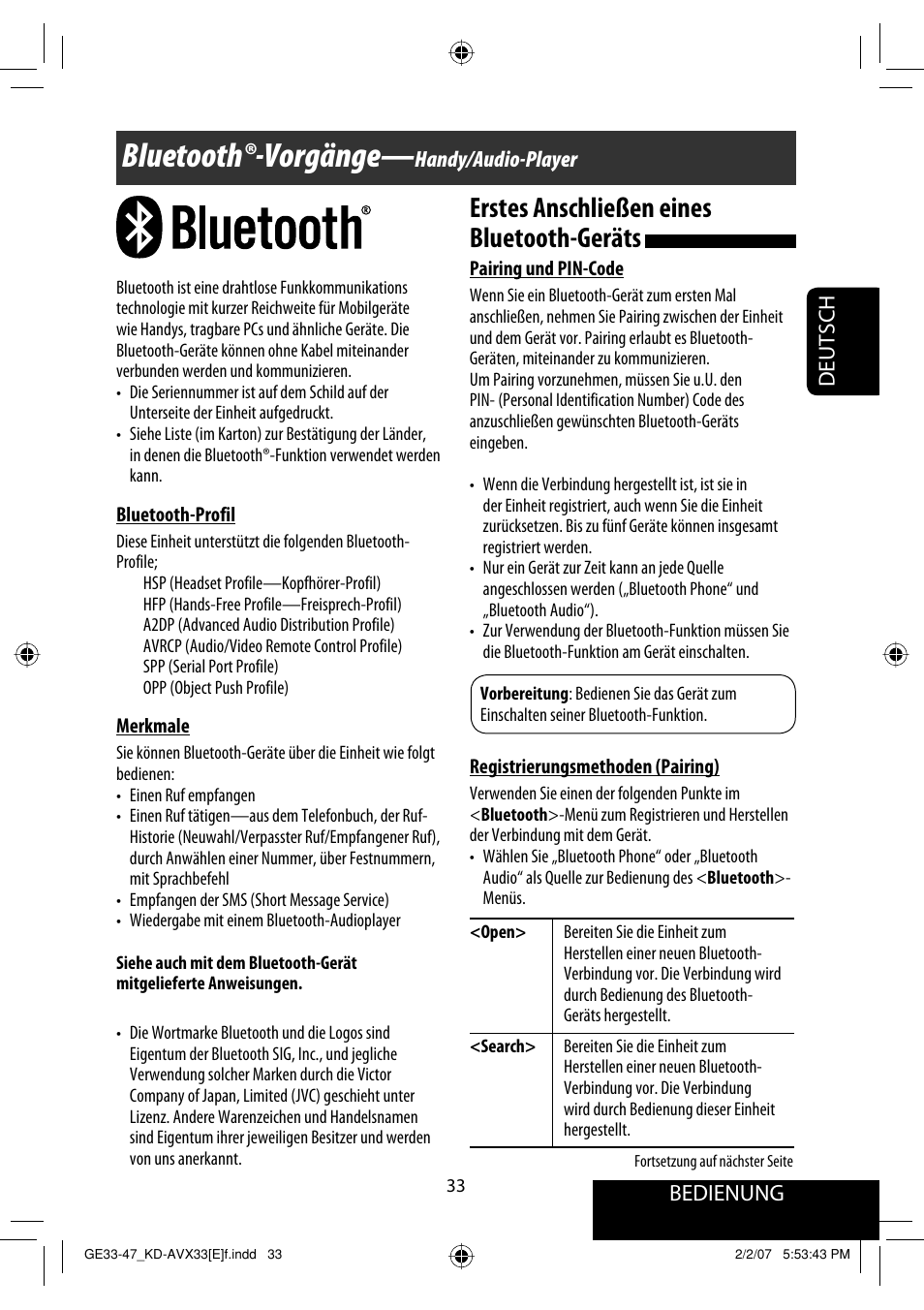 Bluetooth®-vorgänge, Erstes anschließen eines bluetooth-geräts, Bedienung | Deutsch, Handy/audio-player | JVC KD-AVX33 User Manual | Page 105 / 285