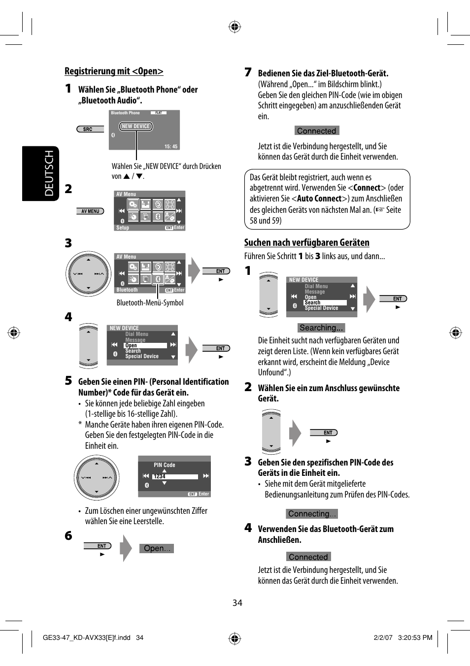 Deutsch, Suchen nach verfügbaren geräten, Registrierung mit <open | JVC KD-AVX33 User Manual | Page 106 / 285