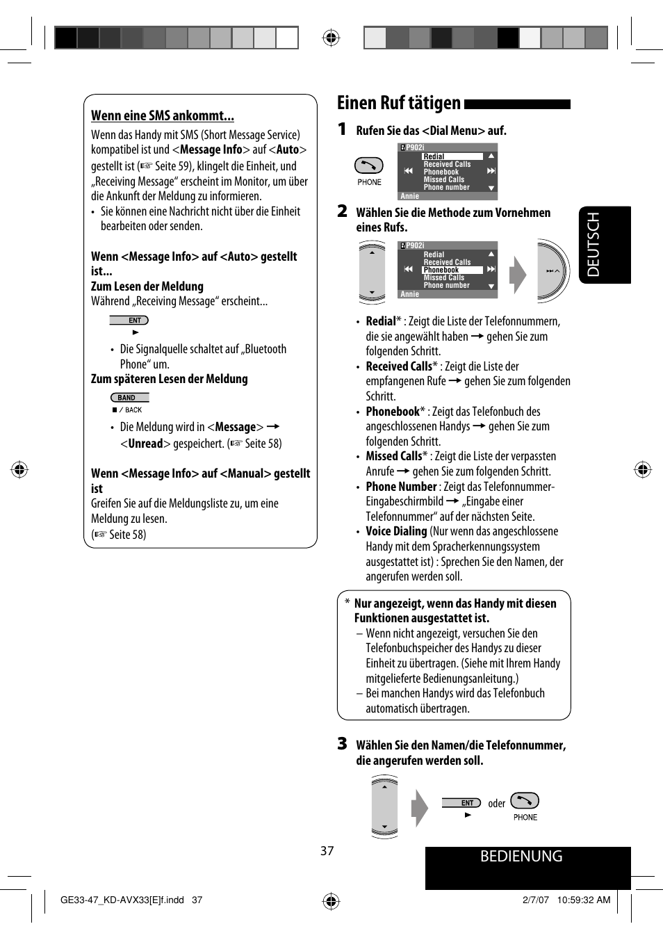 Einen ruf tätigen, Bedienung, Deutsch | JVC KD-AVX33 User Manual | Page 109 / 285