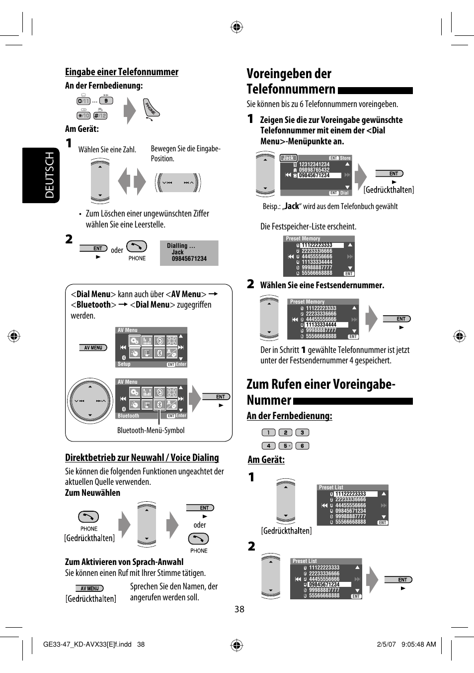 Voreingeben der telefonnummern, Zum rufen einer voreingabe- nummer, Deutsch | Direktbetrieb zur neuwahl / voice dialing, An der fernbedienung: am gerät, Eingabe einer telefonnummer, Sie können bis zu 6 telefonnummern voreingeben, Jack, Die festspeicher-liste erscheint, Sprechen sie den namen, der angerufen werden soll | JVC KD-AVX33 User Manual | Page 110 / 285