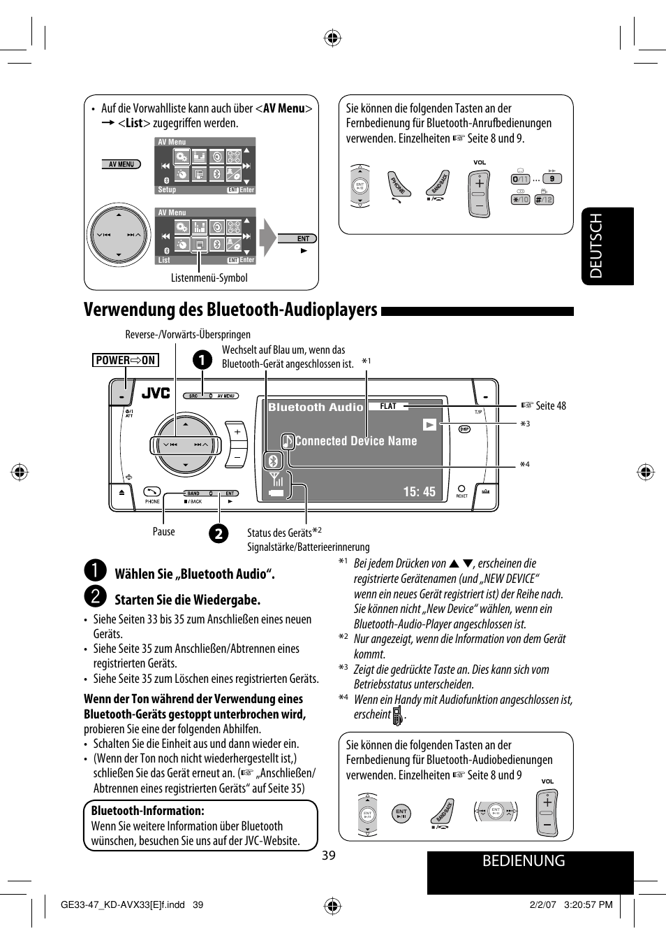 Verwendung des bluetooth-audioplayers, Bedienung, Deutsch | Wählen sie „bluetooth audio, Starten sie die wiedergabe | JVC KD-AVX33 User Manual | Page 111 / 285