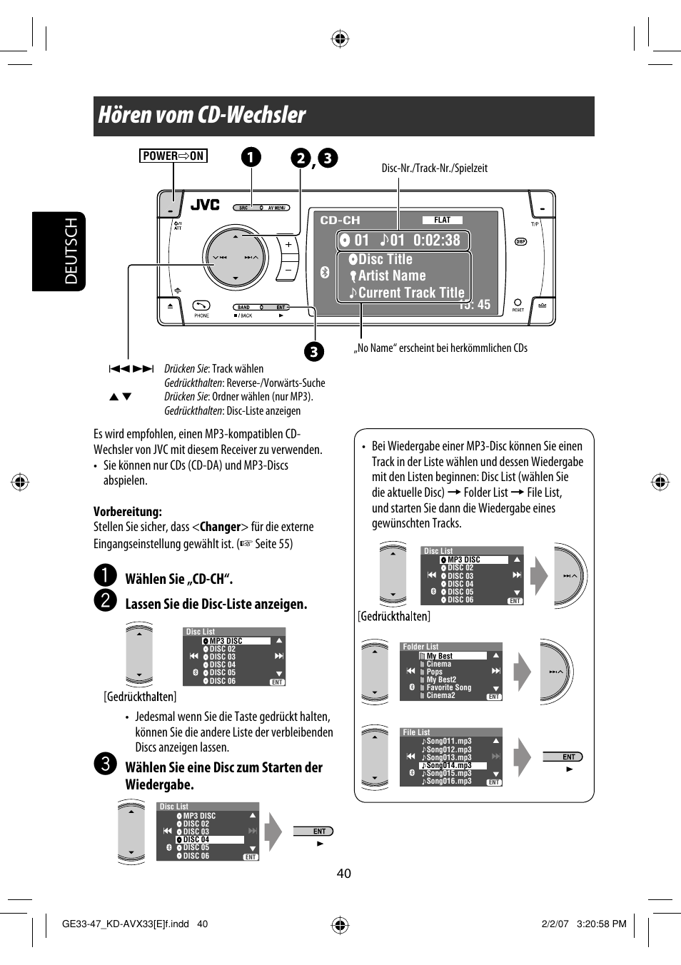 Hören vom cd-wechsler, Deutsch, Wählen sie „cd-ch | Lassen sie die disc-liste anzeigen, Wählen sie eine disc zum starten der wiedergabe | JVC KD-AVX33 User Manual | Page 112 / 285