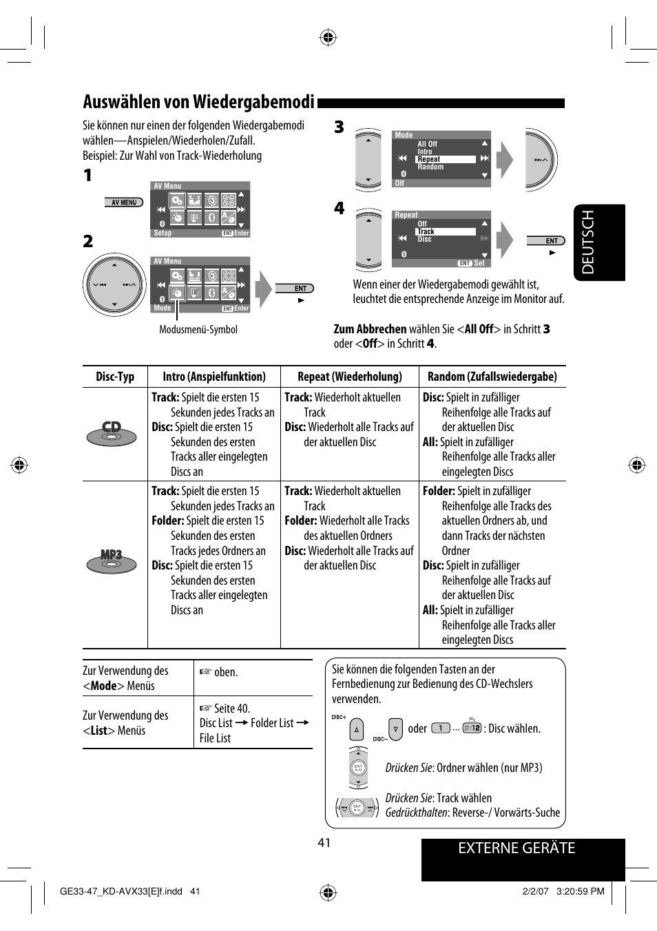 Auswählen von wiedergabemodi, Externe geräte deutsch | JVC KD-AVX33 User Manual | Page 113 / 285