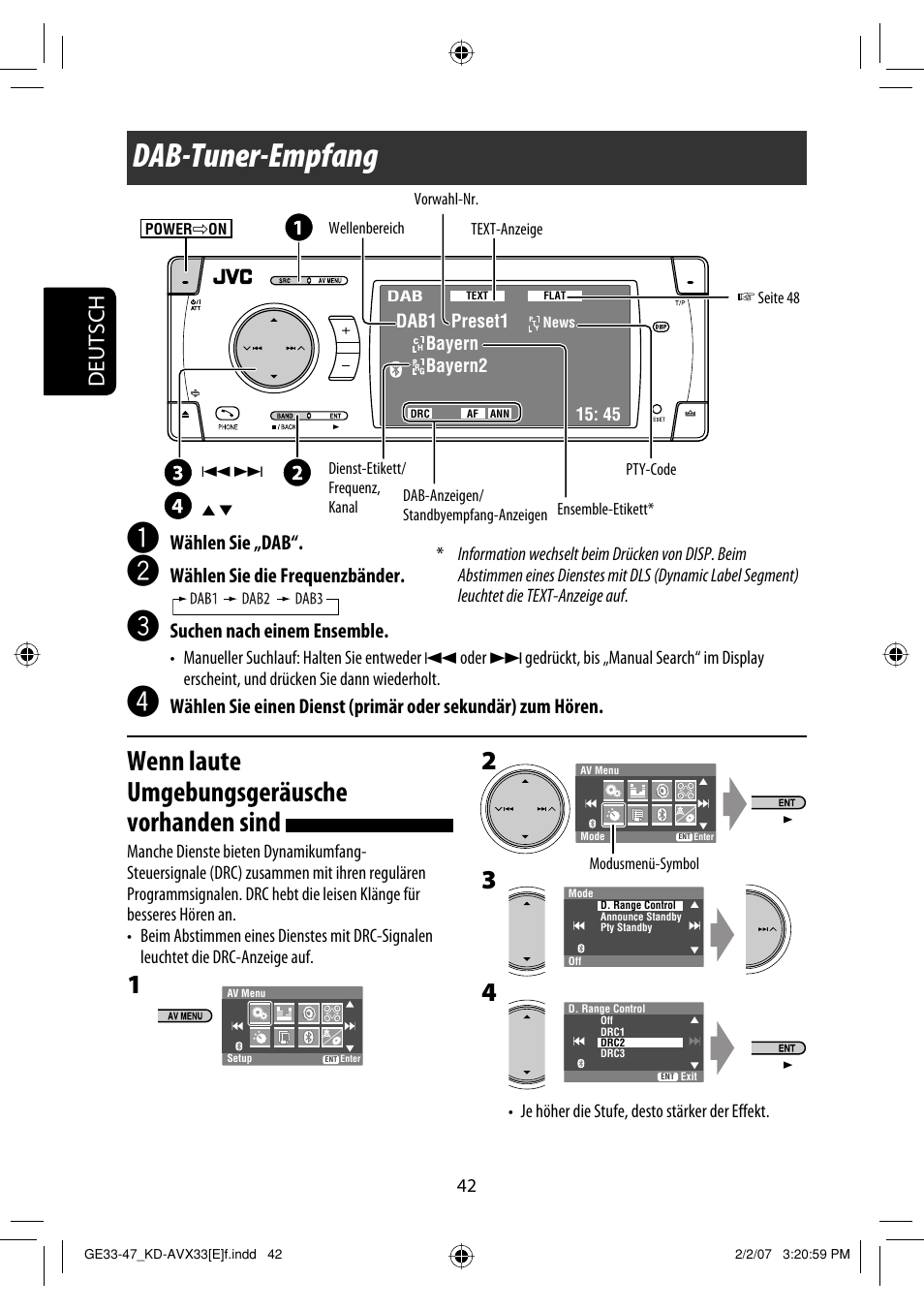 Dab-tuner-empfang, Wenn laute umgebungsgeräusche vorhanden sind, Deutsch | Wählen sie „dab, Wählen sie die frequenzbänder, Suchen nach einem ensemble | JVC KD-AVX33 User Manual | Page 114 / 285