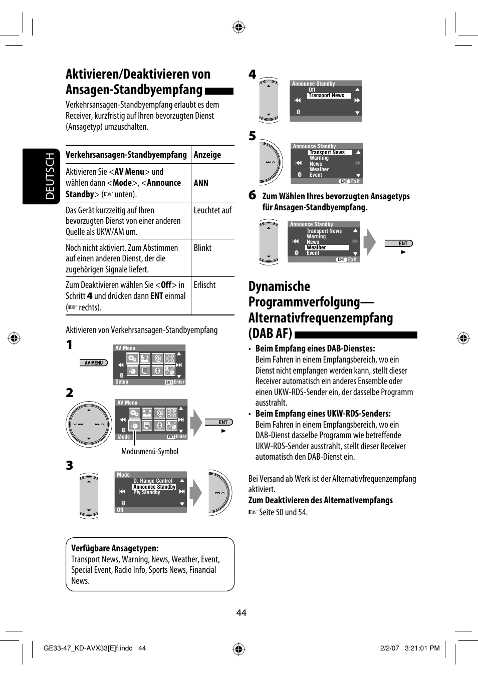 Aktivieren/deaktivieren von ansagen-standbyempfang, Deutsch | JVC KD-AVX33 User Manual | Page 116 / 285