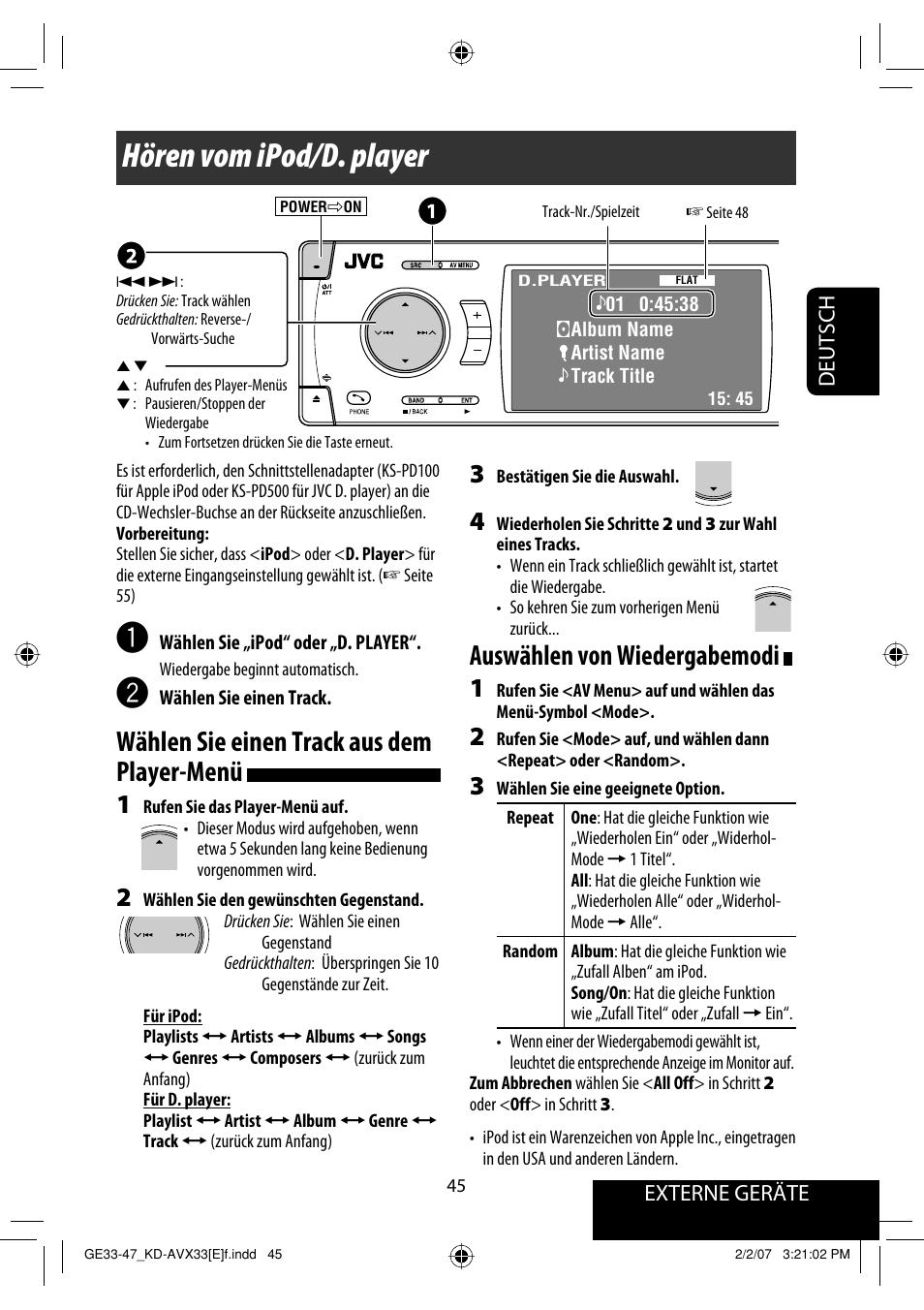 Hören vom ipod/d. player, Wählen sie einen track aus dem player-menü, Auswählen von wiedergabemodi | JVC KD-AVX33 User Manual | Page 117 / 285