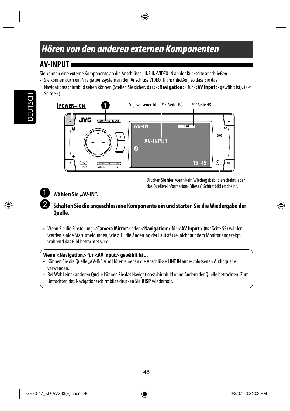 Hören von den anderen externen komponenten, Av-input, Deutsch | JVC KD-AVX33 User Manual | Page 118 / 285