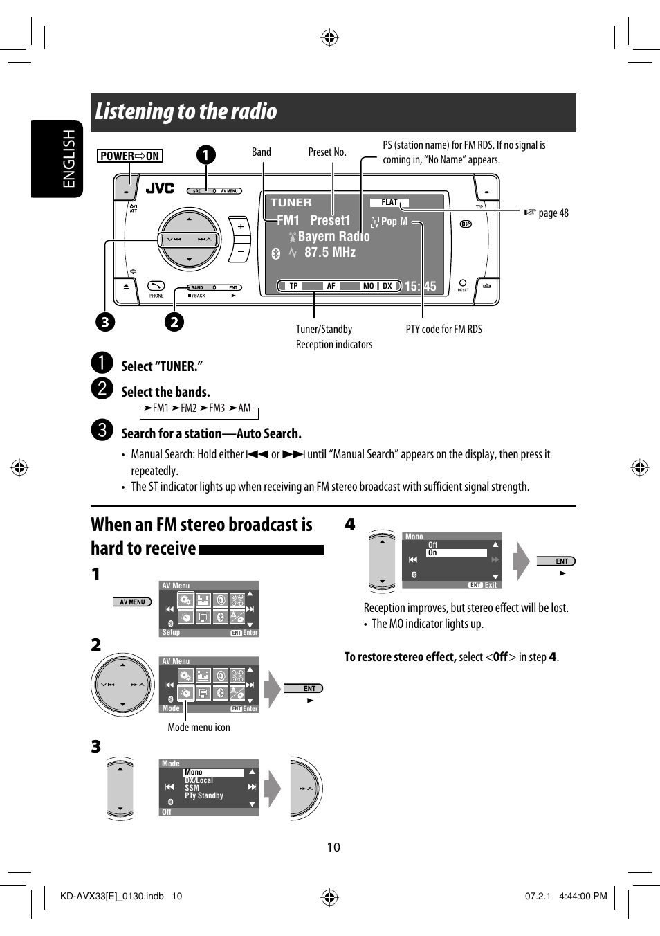 Listening to the radio, When an fm stereo broadcast is hard to receive, English | Select “tuner, Select the bands, Search for a station—auto search | JVC KD-AVX33 User Manual | Page 12 / 285