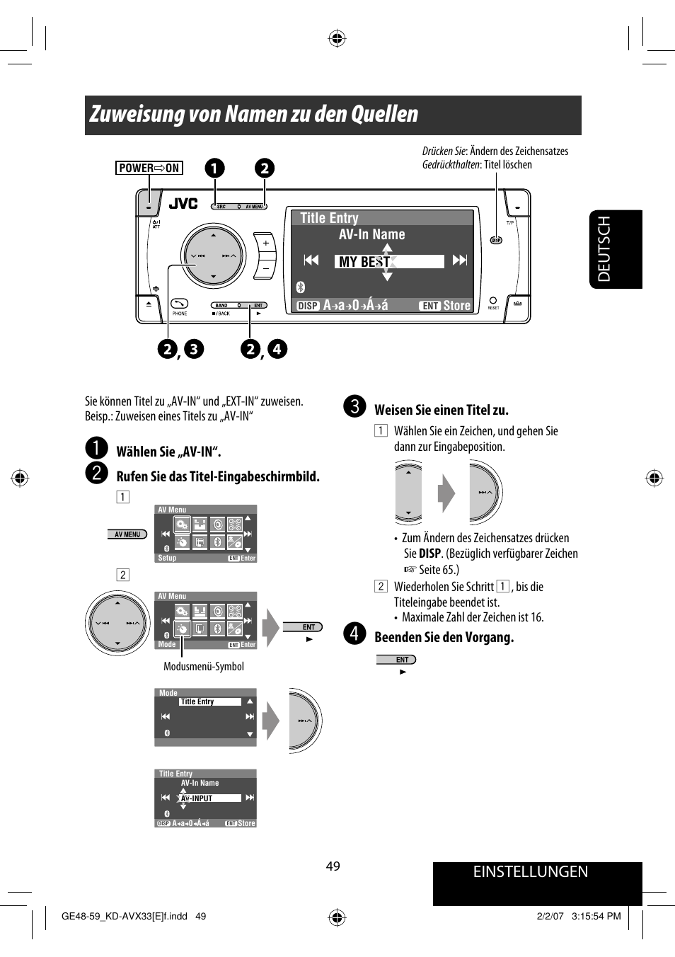 Zuweisung von namen zu den quellen, Einstellungen, Deutsch | Wählen sie „av-in, Rufen sie das titel-eingabeschirmbild, Weisen sie einen titel zu, Beenden sie den vorgang | JVC KD-AVX33 User Manual | Page 121 / 285
