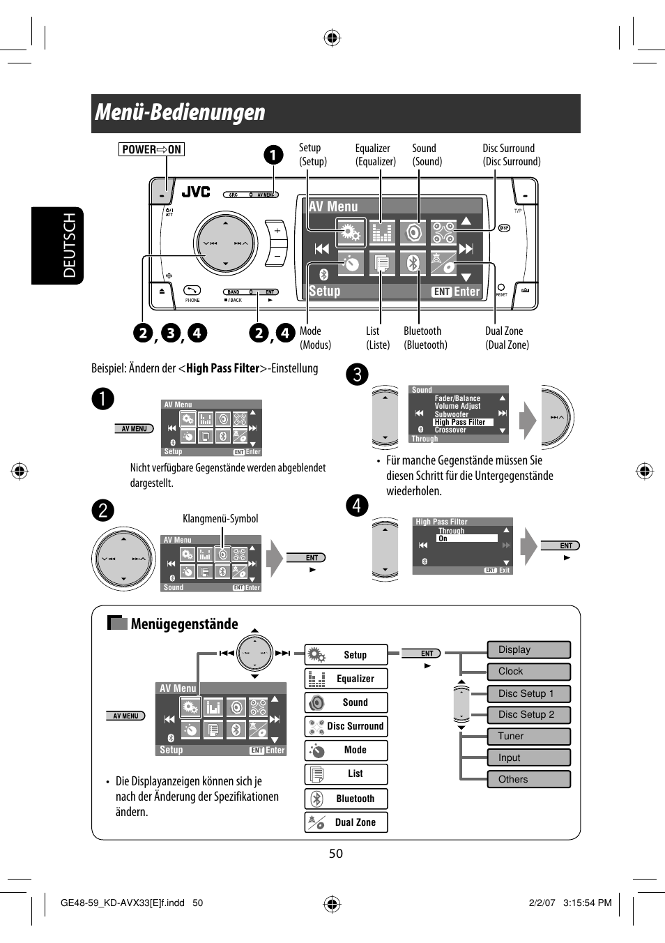 Menü-bedienungen, Deutsch, Menügegenstände | JVC KD-AVX33 User Manual | Page 122 / 285