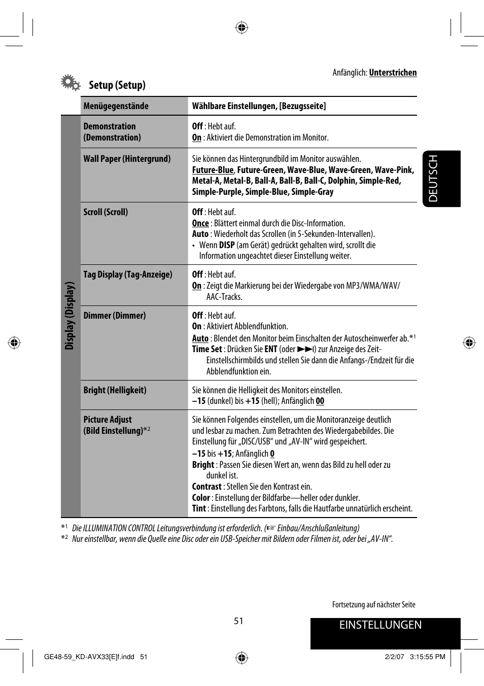 Einstellungen, Deutsch, Setup (setup) | Display (display) | JVC KD-AVX33 User Manual | Page 123 / 285