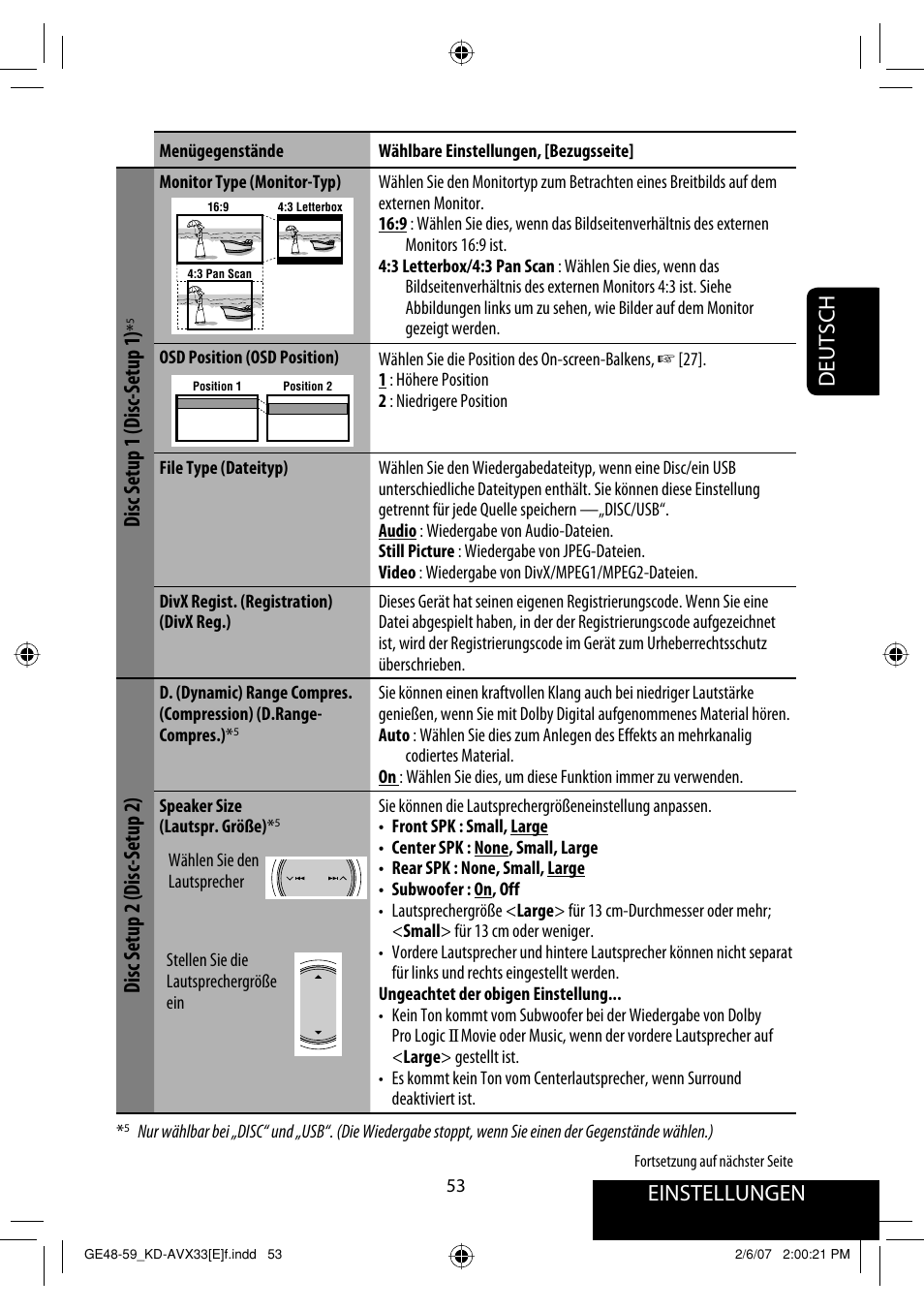 Einstellungen, Deutsch, Disc setup 1 (disc-setup 1) | Disc setup 2 (disc-setup 2) | JVC KD-AVX33 User Manual | Page 125 / 285