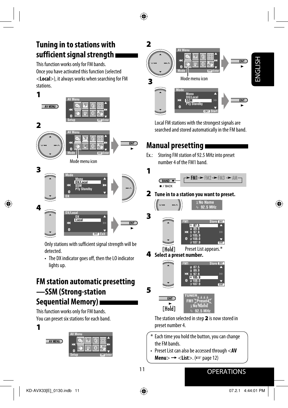 Manual presetting, Operations, English | Tune in to a station you want to preset, Select a preset number, Preset list appears | JVC KD-AVX33 User Manual | Page 13 / 285