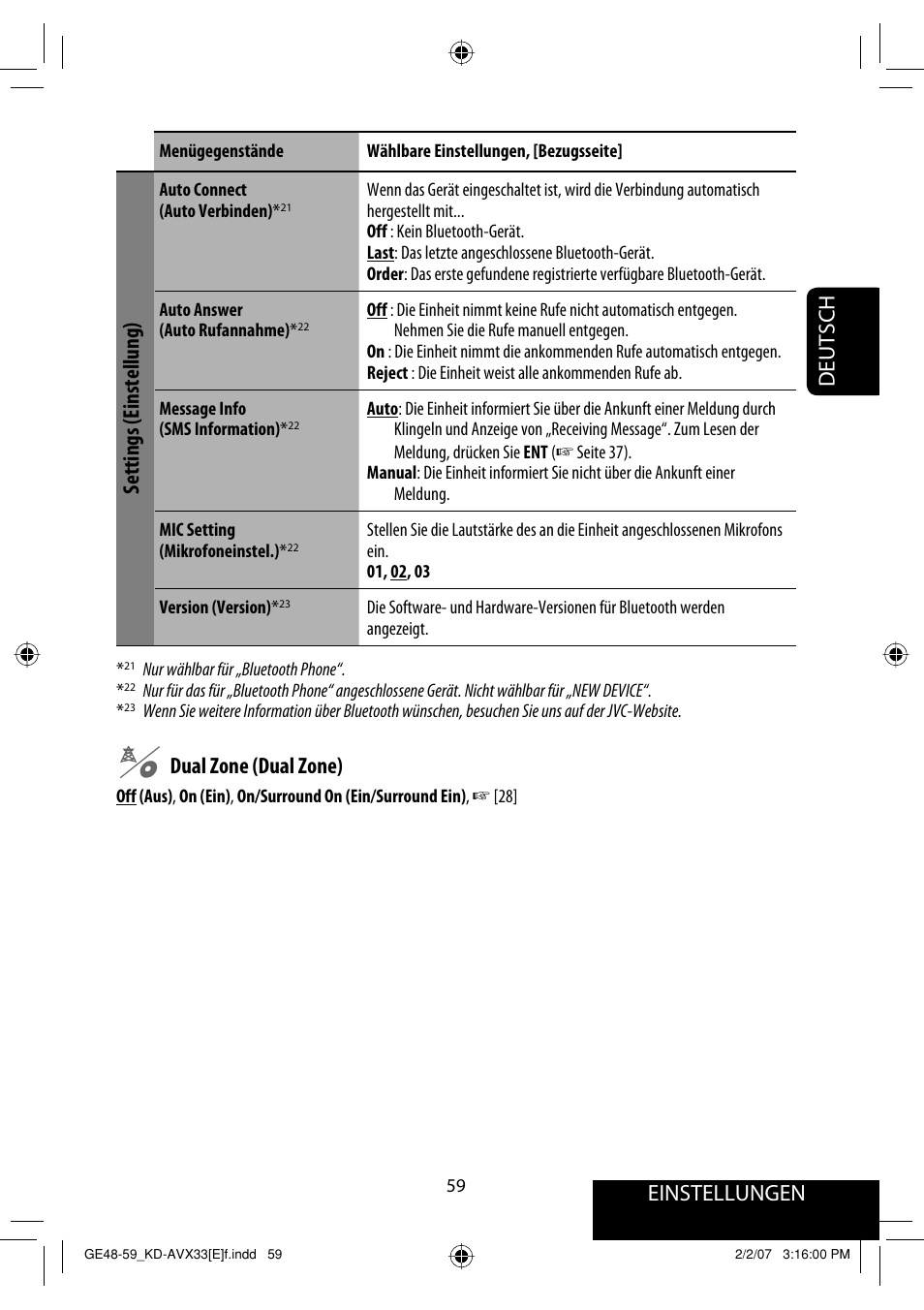 Einstellungen, Deutsch, Settings (einstellung) | Dual zone (dual zone) | JVC KD-AVX33 User Manual | Page 131 / 285