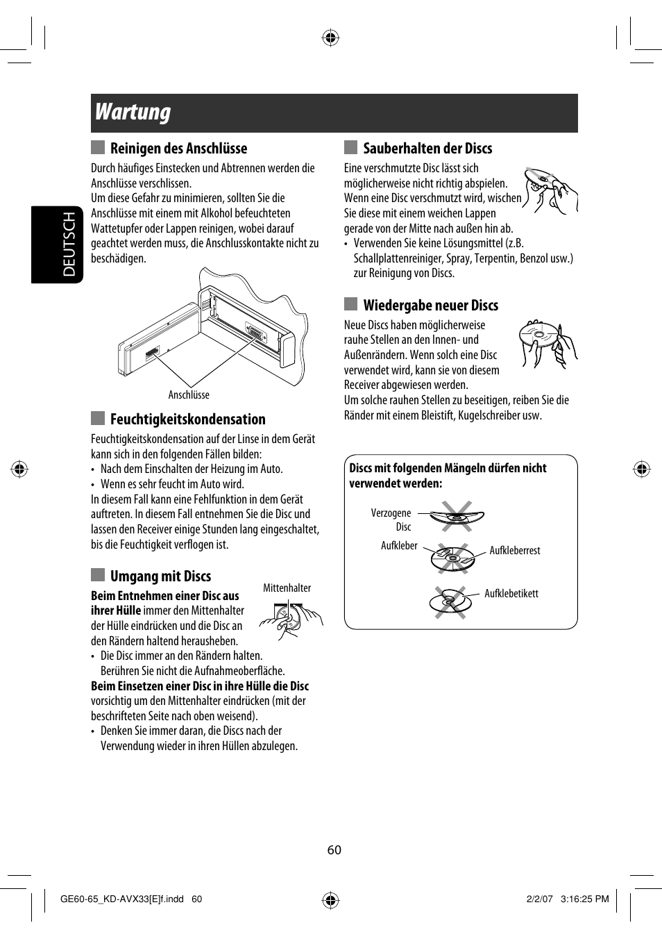 Wartung, Deutsch, Reinigen des anschlüsse | Feuchtigkeitskondensation, Umgang mit discs, Sauberhalten der discs, Wiedergabe neuer discs | JVC KD-AVX33 User Manual | Page 132 / 285