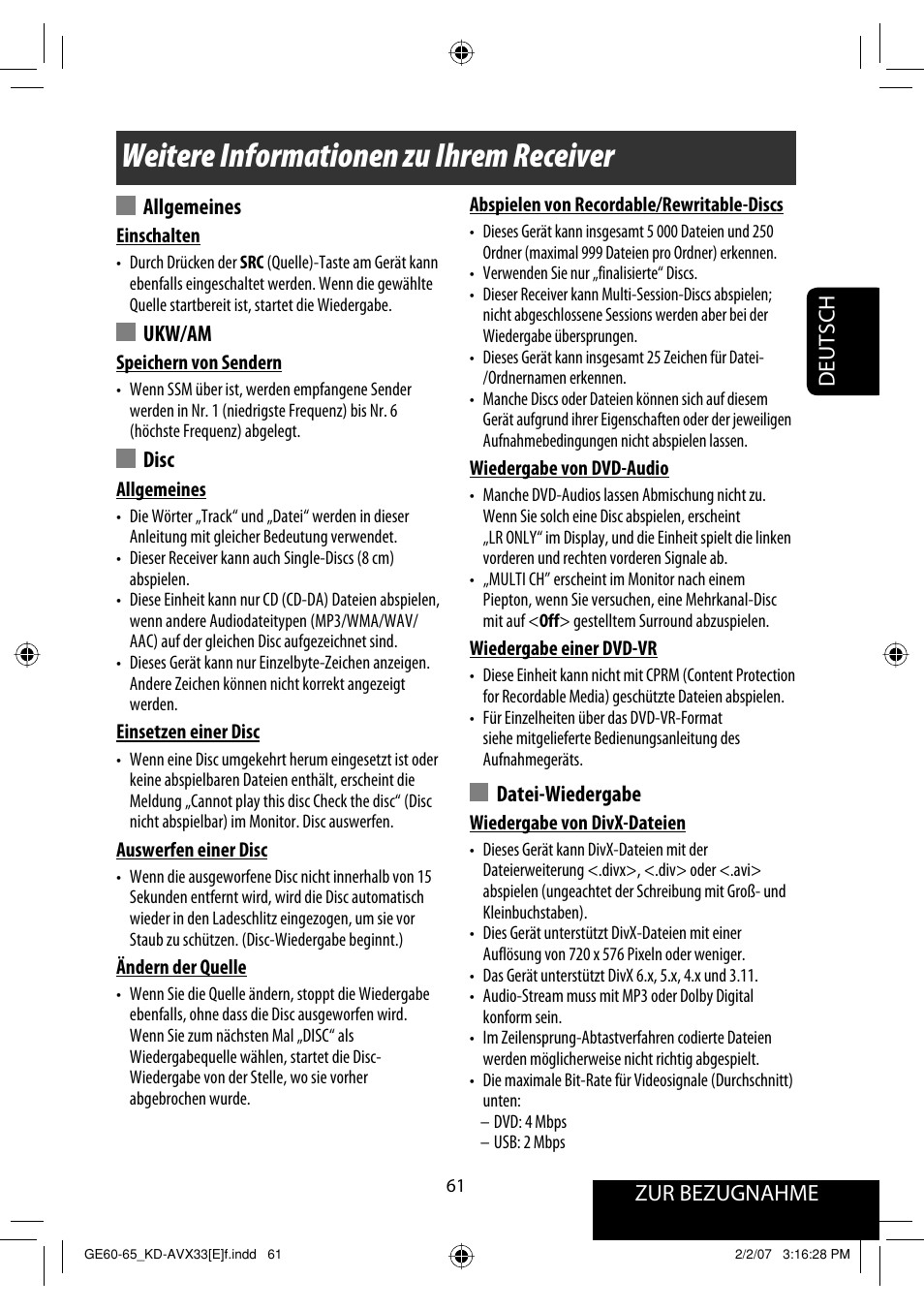 Weitere informationen zu ihrem receiver, Zur bezugnahme deutsch, Allgemeines | Ukw/am, Disc, Datei-wiedergabe | JVC KD-AVX33 User Manual | Page 133 / 285