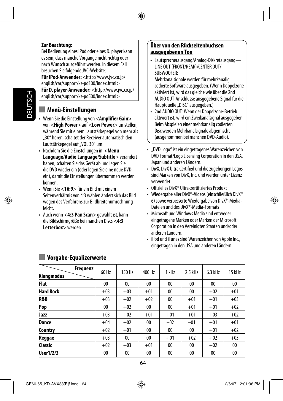 Deutsch, Vorgabe-equalizerwerte, Menü-einstellungen | JVC KD-AVX33 User Manual | Page 136 / 285