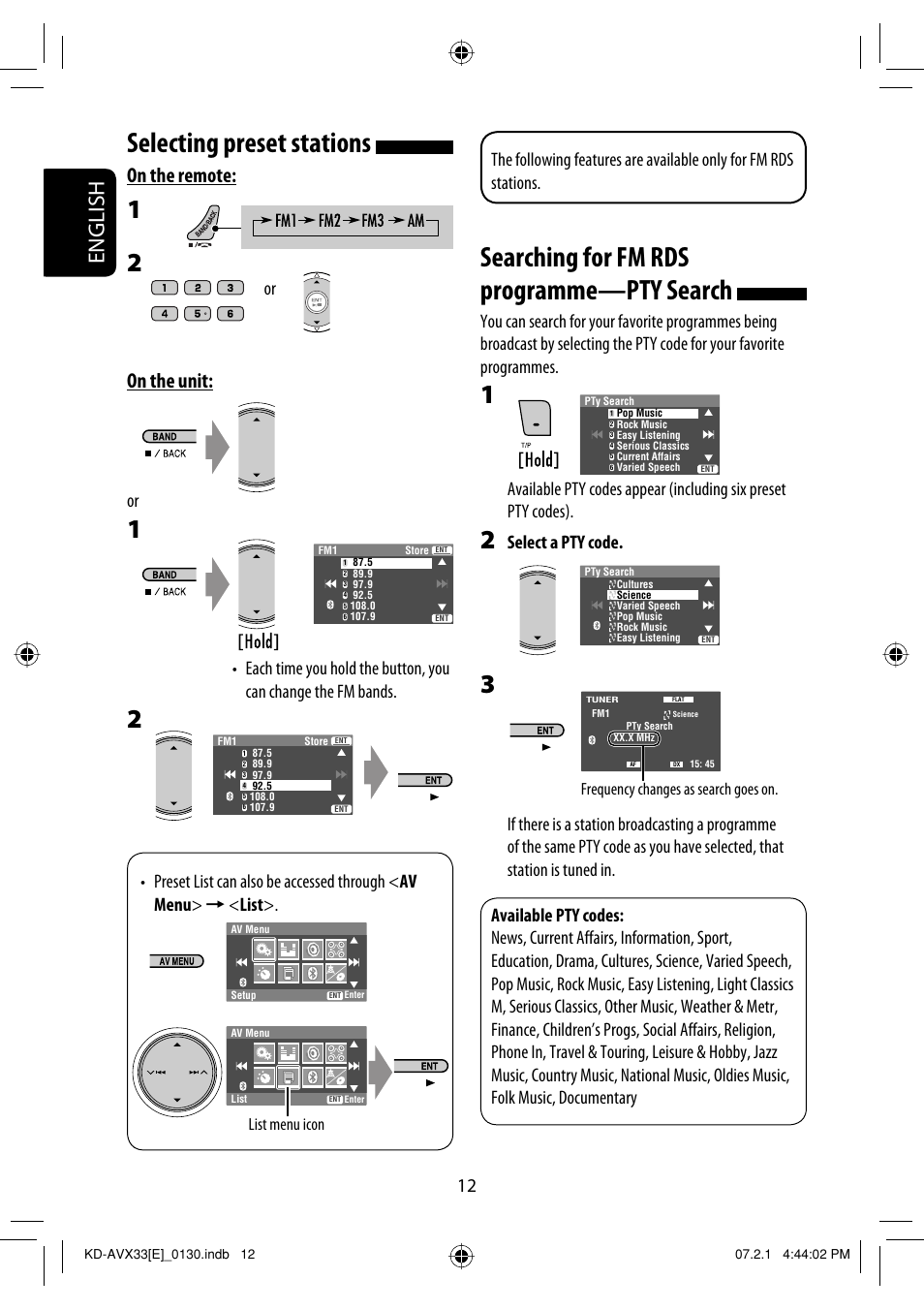 Searching for fm rds programme—pty search, Selecting preset stations, English | On the remote, On the unit, Select a pty code, List menu icon, Frequency changes as search goes on | JVC KD-AVX33 User Manual | Page 14 / 285
