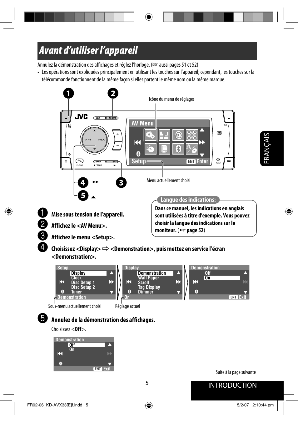 Avant d’utiliser l’appareil, Introduction, Français | JVC KD-AVX33 User Manual | Page 147 / 285