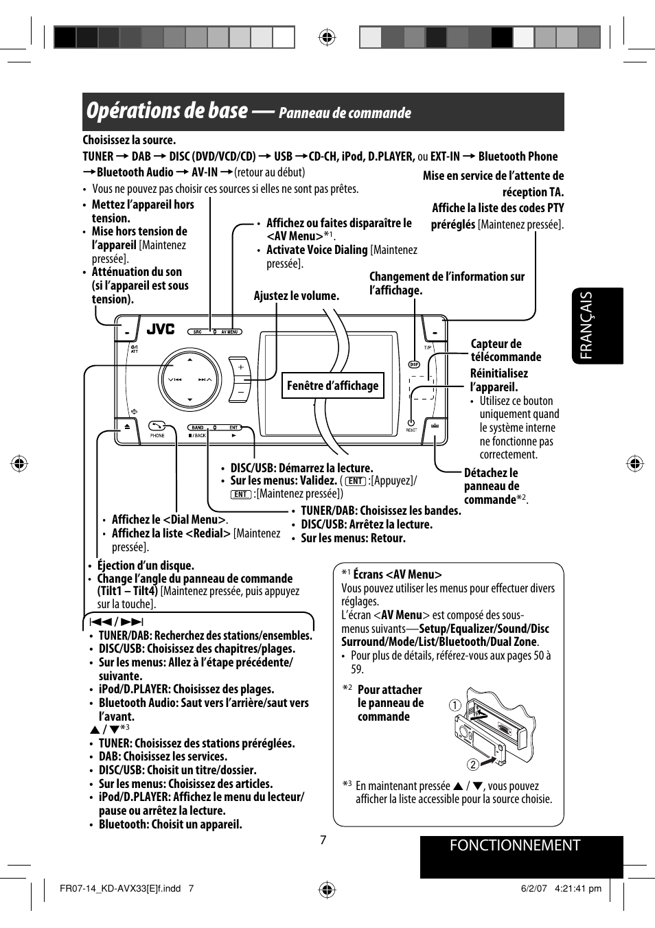 Opérations de base, Fonctionnement, Français | Panneau de commande | JVC KD-AVX33 User Manual | Page 149 / 285