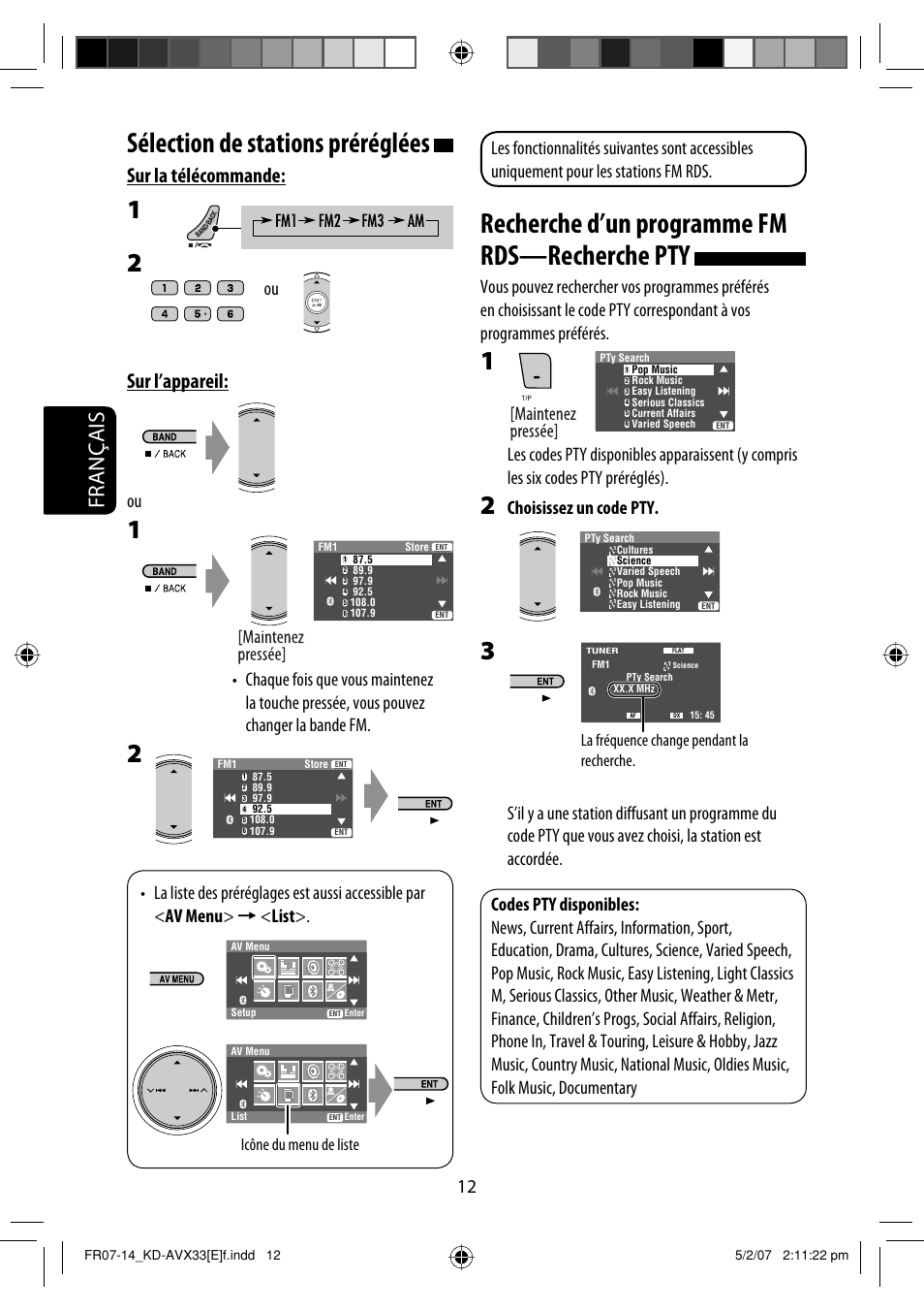Recherche d’un programme fm rds—recherche pty, Sélection de stations préréglées, Français | Sur la télécommande, Sur l’appareil, Choisissez un code pty, Icône du menu de liste, La fréquence change pendant la recherche | JVC KD-AVX33 User Manual | Page 154 / 285
